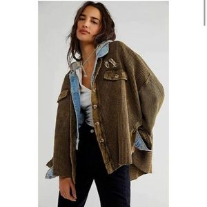 Free people one green scout jacket womens L waffle knit oversized rare.